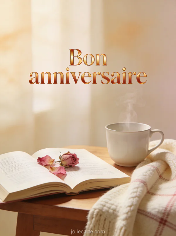 Texte Bon anniversaire en lettres ambre avec livre ouvert et pétales de rose séchés tasse de thé fumante et plaid en laine