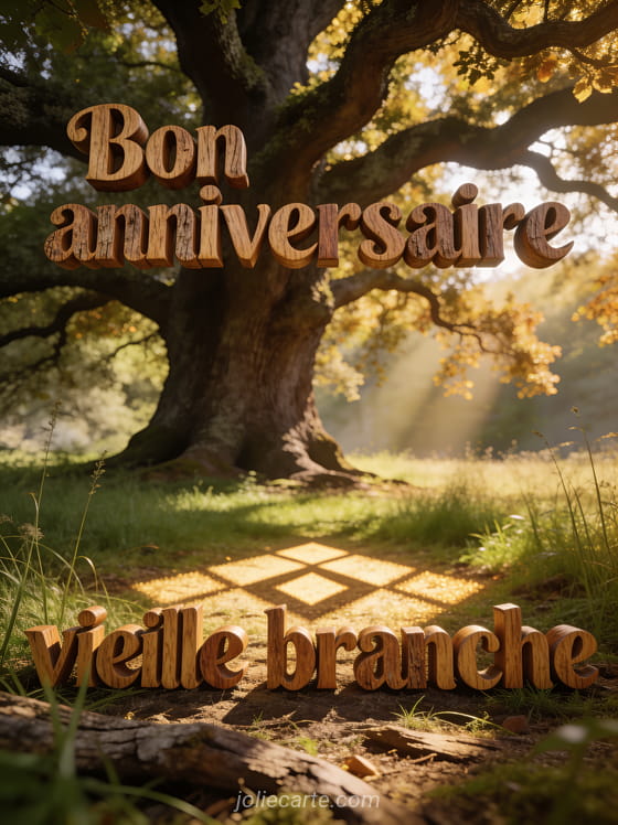 Texte Bon anniversaire vieille branche en lettres style bois sculpté avec grand chêne majestueux dans une prairie verdoyante