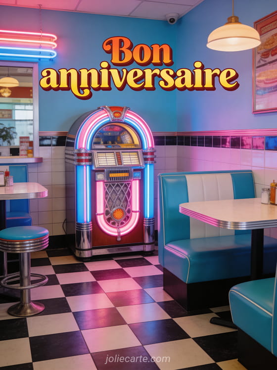 Texte Bon anniversaire en lettres rétro style années 50 avec jukebox chromé dans un diner américain néons roses et bleus