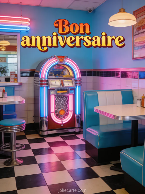 Texte Bon anniversaire en lettres rétro style années 50 avec jukebox chromé dans un diner américain néons roses et bleus