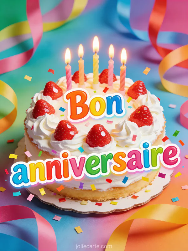 Texte Bon anniversaire en lettres colorées joyeuses avec gùteau rond crÚme fouettée et fraises bougies allumées et rubans