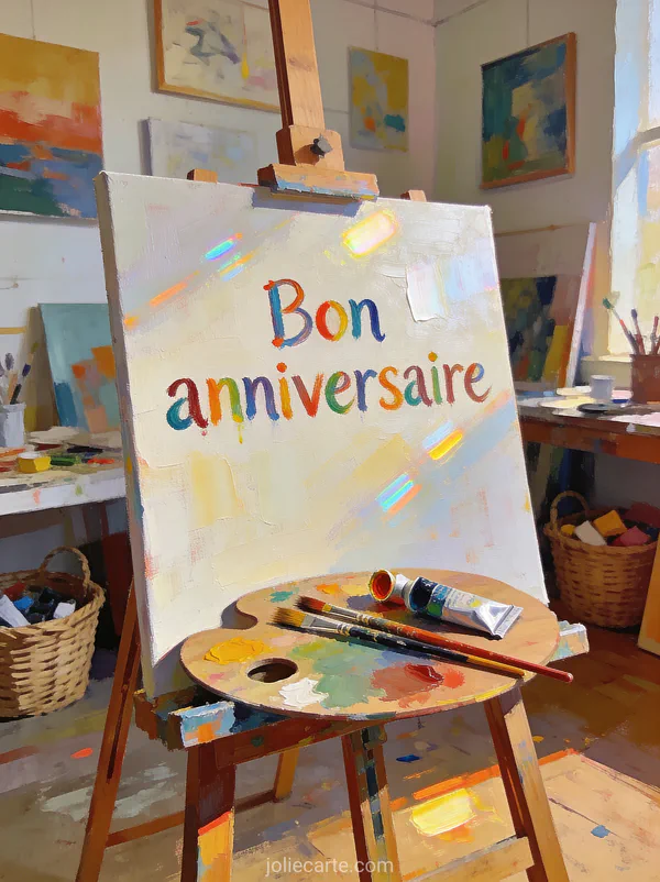 Texte Bon anniversaire en lettres peintes Ă l'huile avec palette de peintre pinceaux et tubes de peinture sur chevalet en atelier
