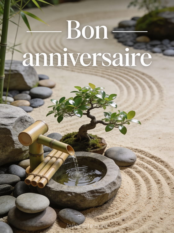 Texte Bon anniversaire en lettres blanches apaisantes avec jardin zen galets sable ratissé bonsaï et fontaine en bambou
