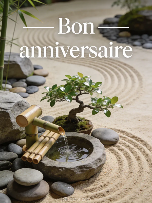 Texte Bon anniversaire en lettres blanches apaisantes avec jardin zen galets sable ratissé bonsaï et fontaine en bambou