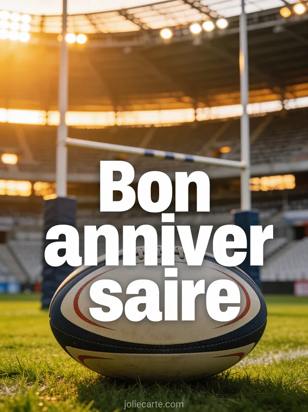 Texte Bon anniversaire en lettres blanches robustes avec ballon de rugby ovale sur pelouse verte et poteaux de rugby en fond