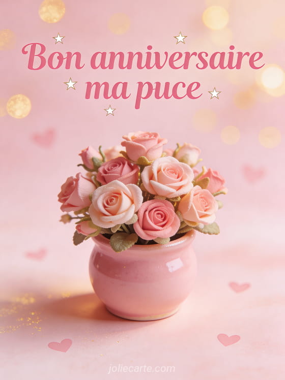 Texte Bon anniversaire ma puce en lettres roses tendres avec roses miniatures dans pot céramique rose et coeurs dorés