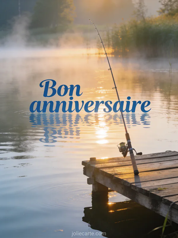 Texte Bon anniversaire en lettres bleues naturelles avec lac calme au petit matin canne Ă pĂȘche sur ponton en bois et brume