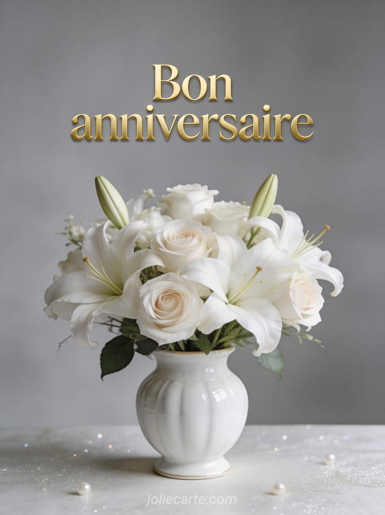 Texte Bon anniversaire en lettres dorées classiques avec lys blancs et roses dans vase en porcelaine blanche sur fond gris perle