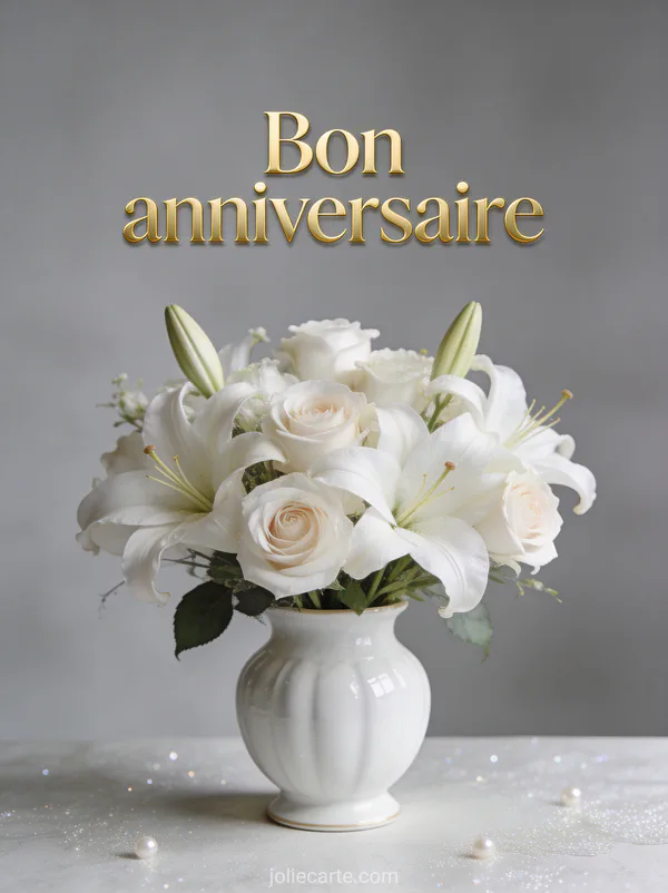 Texte Bon anniversaire en lettres dorées classiques avec lys blancs et roses dans vase en porcelaine blanche sur fond gris perle