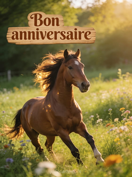 Texte Bon anniversaire en lettres marron chaleureuses avec cheval brun dans un pré verdoyant avec fleurs et crinière au vent
