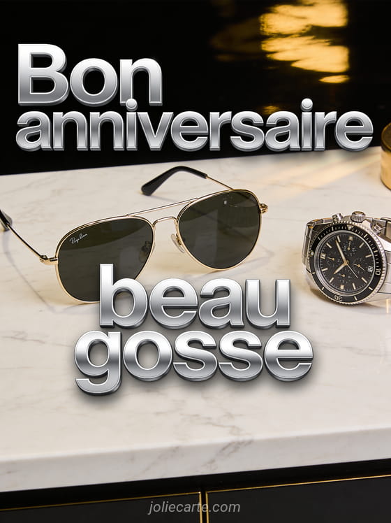 Texte Bon anniversaire beau gosse en lettres argentées avec lunettes aviateur sur comptoir marbre montre de luxe fond noir et doré