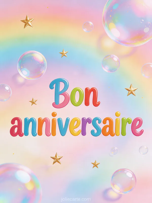 Texte Bon anniversaire en lettres multicolores joyeuses avec bulles de savon irisées flottantes sur fond arc-en-ciel pastel
