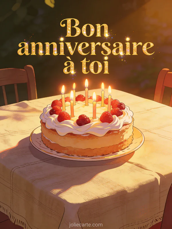 Texte Bon anniversaire à toi en lettres dorées scintillantes avec gùteau décoré de crÚme et fruits rouges bougies allumées