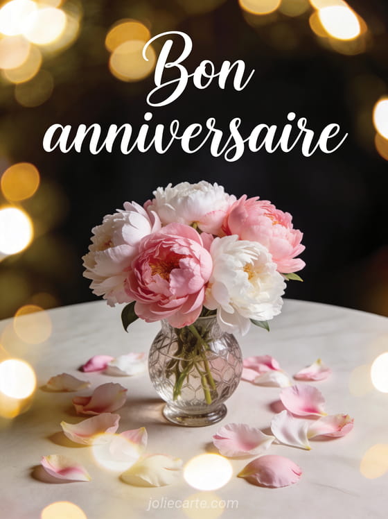 Texte Bon anniversaire en calligraphie blanche sur fond sombre avec bokeh doré et bouquet de pivoines roses et blanches