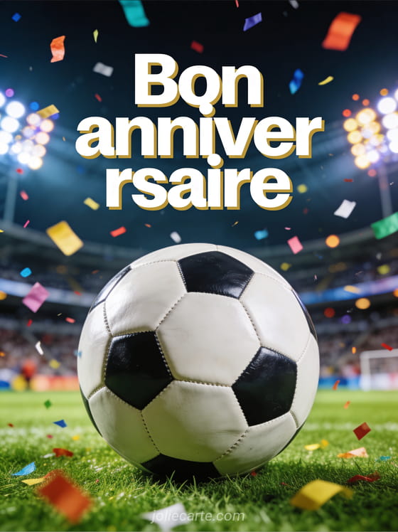 Texte Bon anniversaire en lettres blanches bold sportives avec ballon de football sur pelouse verte confettis colorés et stade illuminé