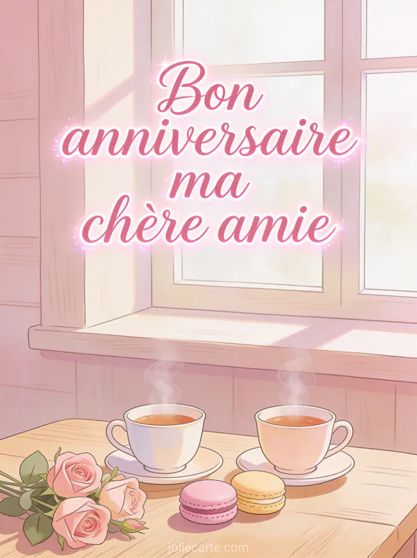 Texte Bon anniversaire ma chÚre amie en lettres cursives rose poudré avec tasses de thé macarons pastel et roses sur table en bois