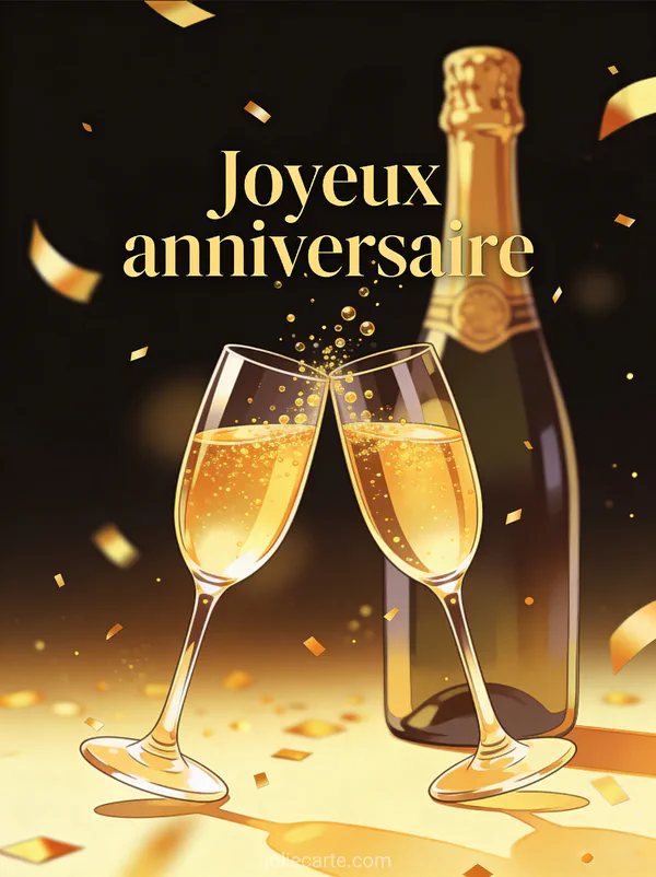 Deux coupes de champagne qui trinquent avec des bulles dorées et confettis dorés sur fond sombre avec le texte Joyeux anniversaire