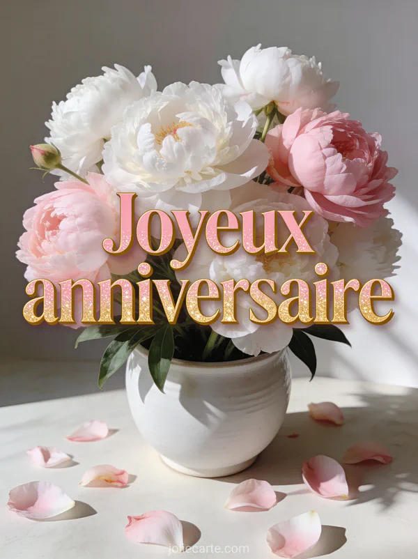 Arrangement floral de pivoines blanches et roses dans un pot en céramique blanche avec pétales éparpillés et le texte Joyeux anniversaire