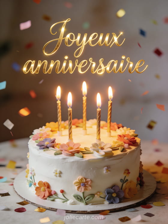 Gâteau d'anniversaire rond avec glaçage blanc, décorations florales comestibles et bougies dorées allumées avec le texte Joyeux anniversaire