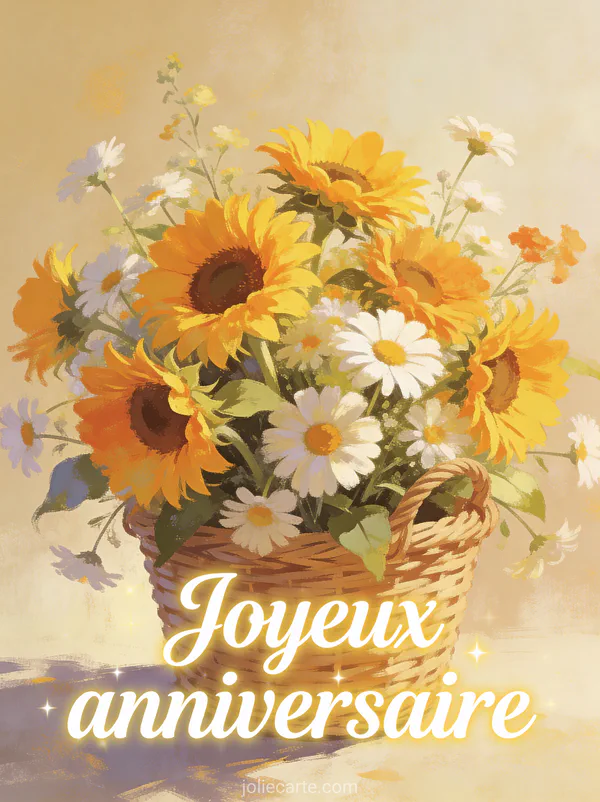 Composition de tournesols et marguerites dans un panier en osier en lumière dorée chaude avec le texte Joyeux anniversaire