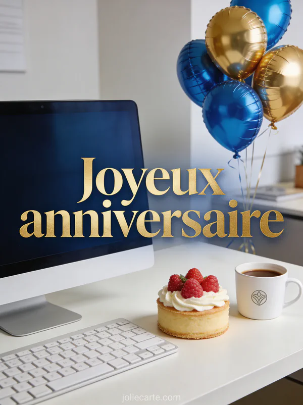 Espace de travail décoré avec un petit gâteau aux fruits rouges, tasse de café et ballons bleus et dorés avec le texte Joyeux anniversaire