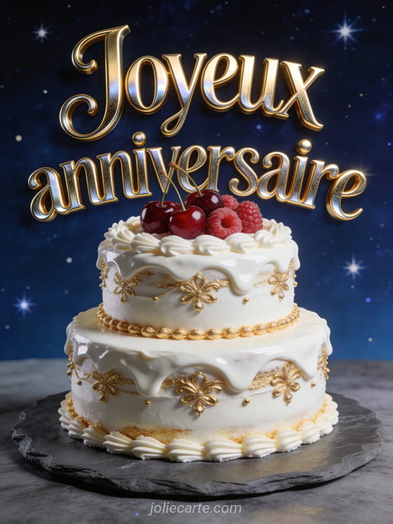 Gâteau à deux étages avec glaçage blanc et décorations dorées, cerises et framboises sur plateau en ardoise avec le texte Joyeux anniversaire
