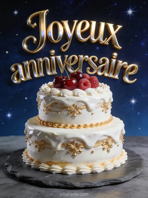 Gâteau à deux étages avec glaçage blanc et décorations dorées, cerises et framboises sur plateau en ardoise avec le texte Joyeux anniversaire