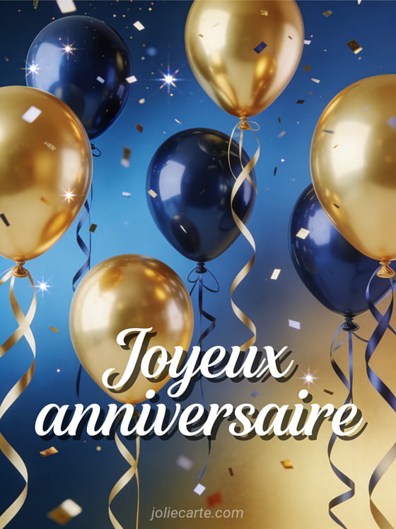 Ballons à hélium dorés et bleu marine avec rubans et confettis scintillants sur fond dégradé bleu et doré avec le texte Joyeux anniversaire