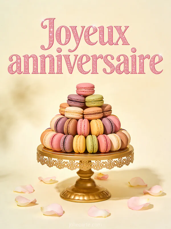 Pyramide de macarons colorés sur un présentoir doré avec pétales de fleurs éparpillés et lumière douce avec le texte Joyeux anniversaire