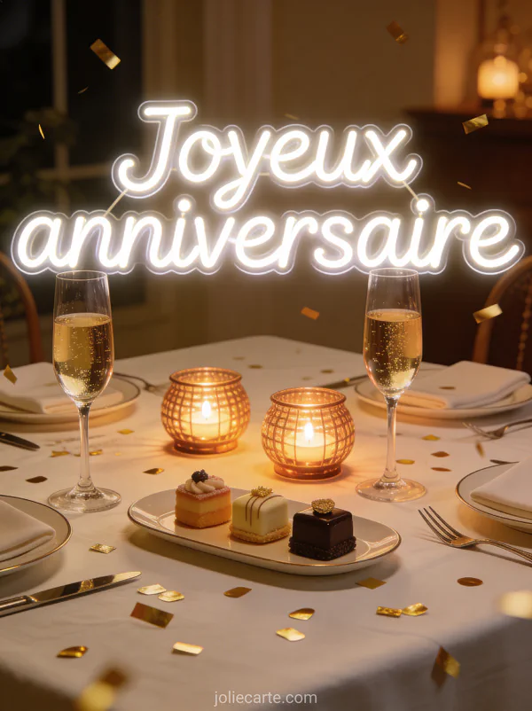 Table dressée avec coupes de champagne, petits fours, bougies chauffe-plat et confettis dorés en ambiance de dîner festif avec le texte Joyeux anniversaire