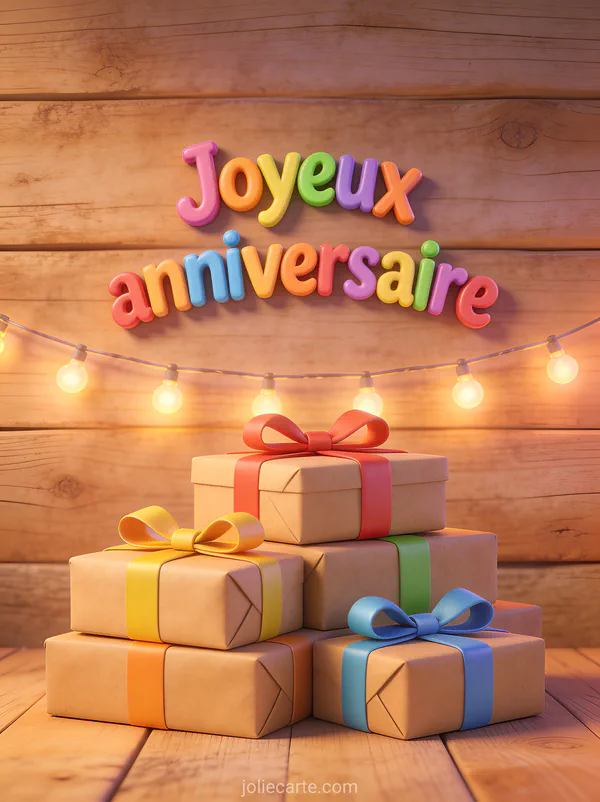 Cadeaux emballés dans du papier kraft avec des noeuds colorés empilés sur fond en bois avec guirlande lumineuse et le texte Joyeux anniversaire
