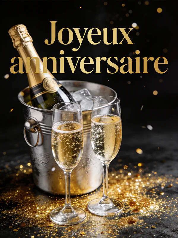 Bouteille de champagne dans un seau à glace argenté avec deux coupes de champagne pétillant sur fond noir pailleté doré avec le texte Joyeux anniversaire