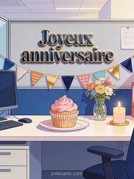 Poste de travail décoré avec guirlande de fanions colorés, petit vase de fleurs, cupcake avec glaçage rose et bougie avec le texte Joyeux anniversaire