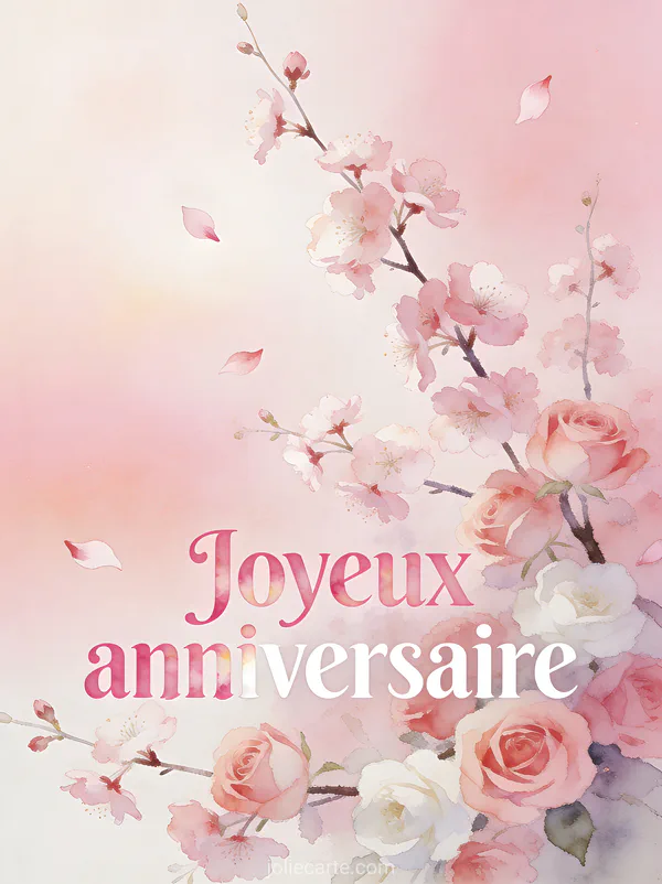 Branches de fleurs de cerisier roses avec pétales qui volent doucement sur fond rose pâle en style illustration élégante avec le texte Joyeux anniversaire