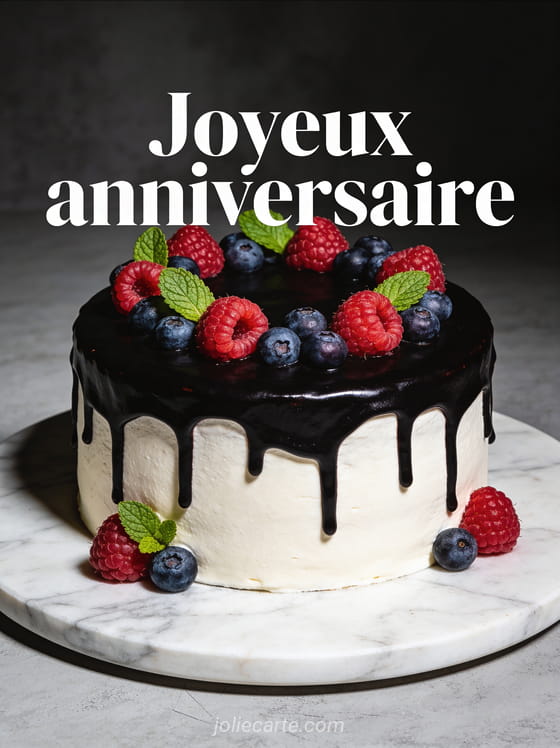 Gâteau au chocolat noir décoré de framboises, myrtilles et feuilles de menthe sur plateau en marbre avec éclairage dramatique et le texte Joyeux anniversaire