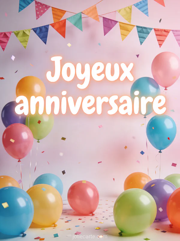 Guirlandes de fanions colorés triangulaires avec ballons multicolores et confettis sur fond pastel joyeux avec le texte Joyeux anniversaire