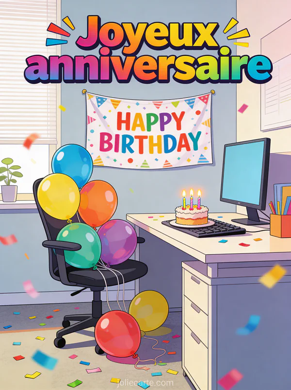Bureau décoré avec banderole HAPPY BIRTHDAY, ballons gonflés sur la chaise et petit gâteau avec bougies sur le bureau avec le texte Joyeux anniversaire