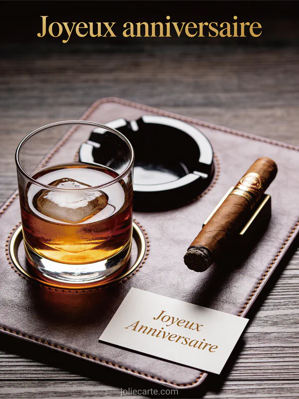 Verre de whisky ambré avec glaçon sur un plateau en cuir à côté d'une carte d'anniversaire et d'un cigare sur fond boisé sombre avec le texte Joyeux anniversaire