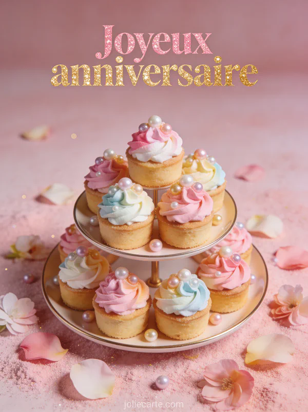 Petits gâteaux décorés de crème fouettée colorée et perles comestibles sur un plateau à étages avec pétales de fleurs sur fond rose poudré avec le texte Joyeux anniversaire