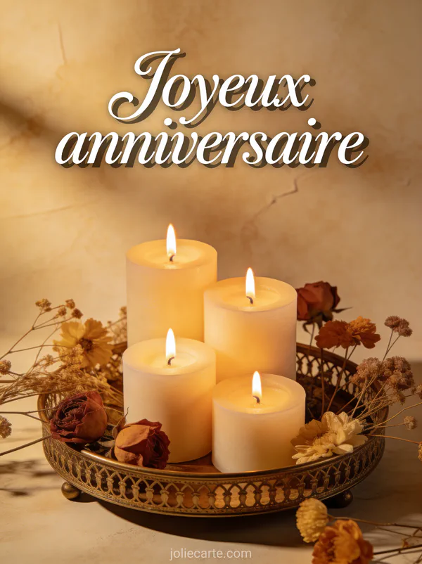 Bougies parfumées allumées sur un plateau décoratif avec fleurs séchées en lumière dorée chaude sur fond beige avec le texte Joyeux anniversaire