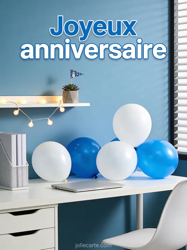 Bureau design décoré avec ballons blancs et bleus, guirlande lumineuse sur étagère et succulente avec mini drapeau anniversaire avec le texte Joyeux anniversaire