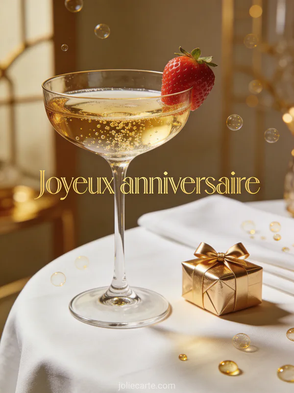 Coupe de champagne avec fraises, bulles dorées, petit cadeau emballé en papier doré sur nappe blanche élégante avec le texte Joyeux anniversaire