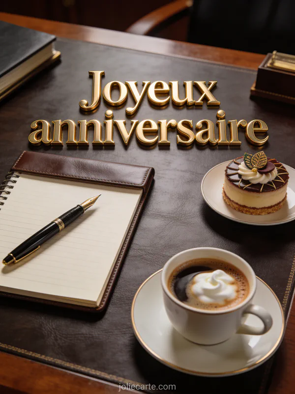 Bureau directorial en bois foncé avec stylo plume sur carnet en cuir, petit gâteau raffiné et tasse de café espresso en lumière tamisée avec le texte Joyeux anniversaire