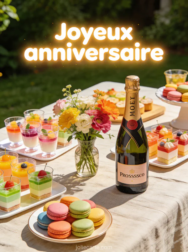 Table garnie de petits fours, verrines, macarons, bouteille de prosecco et fleurs fraîches sur nappe en lin avec le texte Joyeux anniversaire