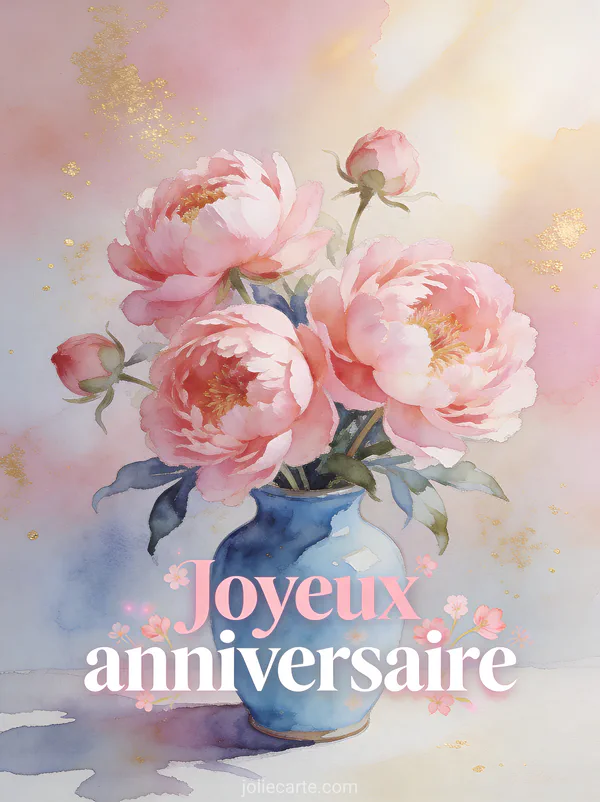 Bouquet de pivoines roses épanouies dans un vase en céramique bleu ciel sur fond aquarelle pastel avec touches dorées et le texte Joyeux anniversaire