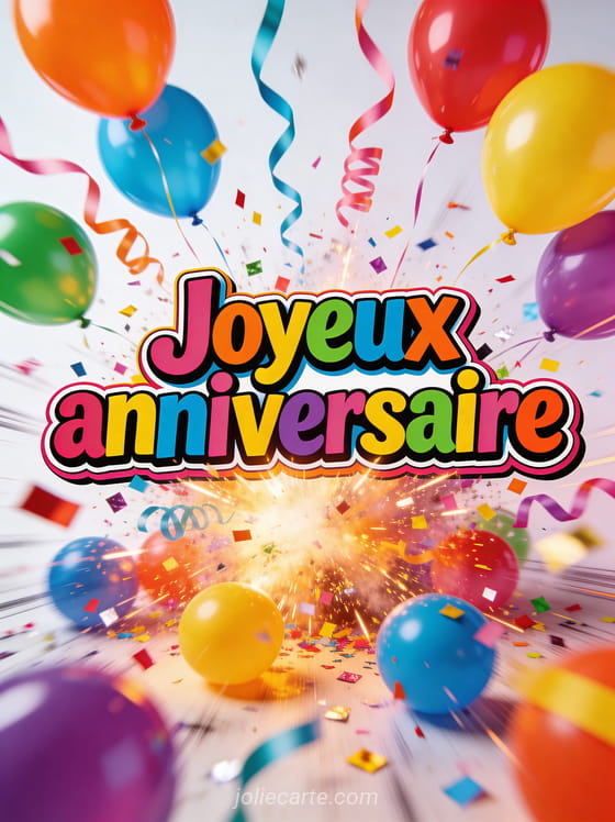 Explosion de confettis et serpentins multicolores avec ballons de toutes les couleurs sur fond clair et dynamique avec le texte Joyeux anniversaire