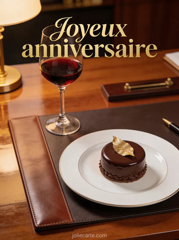Bureau en bois verni avec verre de vin rouge, entremet au chocolat décoré d'une feuille d'or et sous-main en cuir en éclairage chaud avec le texte Joyeux anniversaire