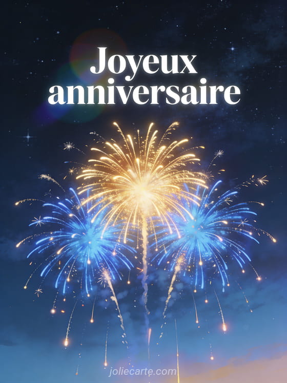 Feux d'artifice dorés et bleus qui explosent dans un ciel nocturne étoilé avec des étincelles qui retombent et le texte Joyeux anniversaire