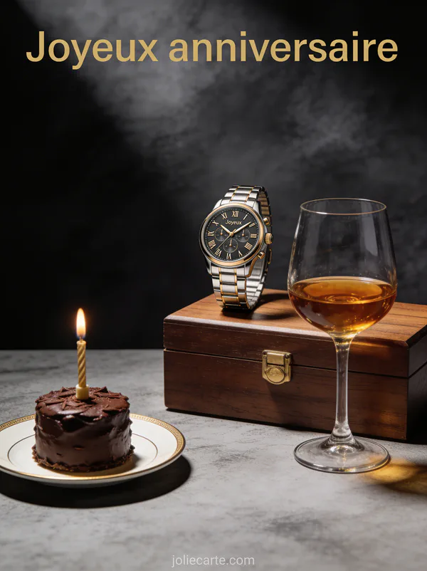 Montre élégante posée sur un coffret en bois avec verre de cognac et petit gâteau au chocolat avec bougie sur fond sombre avec le texte Joyeux anniversaire