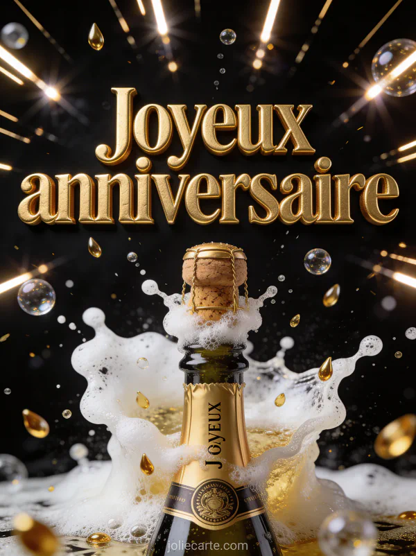 Bouteille de champagne avec bouchon qui saute et mousse qui déborde avec gouttes dorées et bulles sur fond noir avec éclats de lumière et le texte Joyeux anniversaire